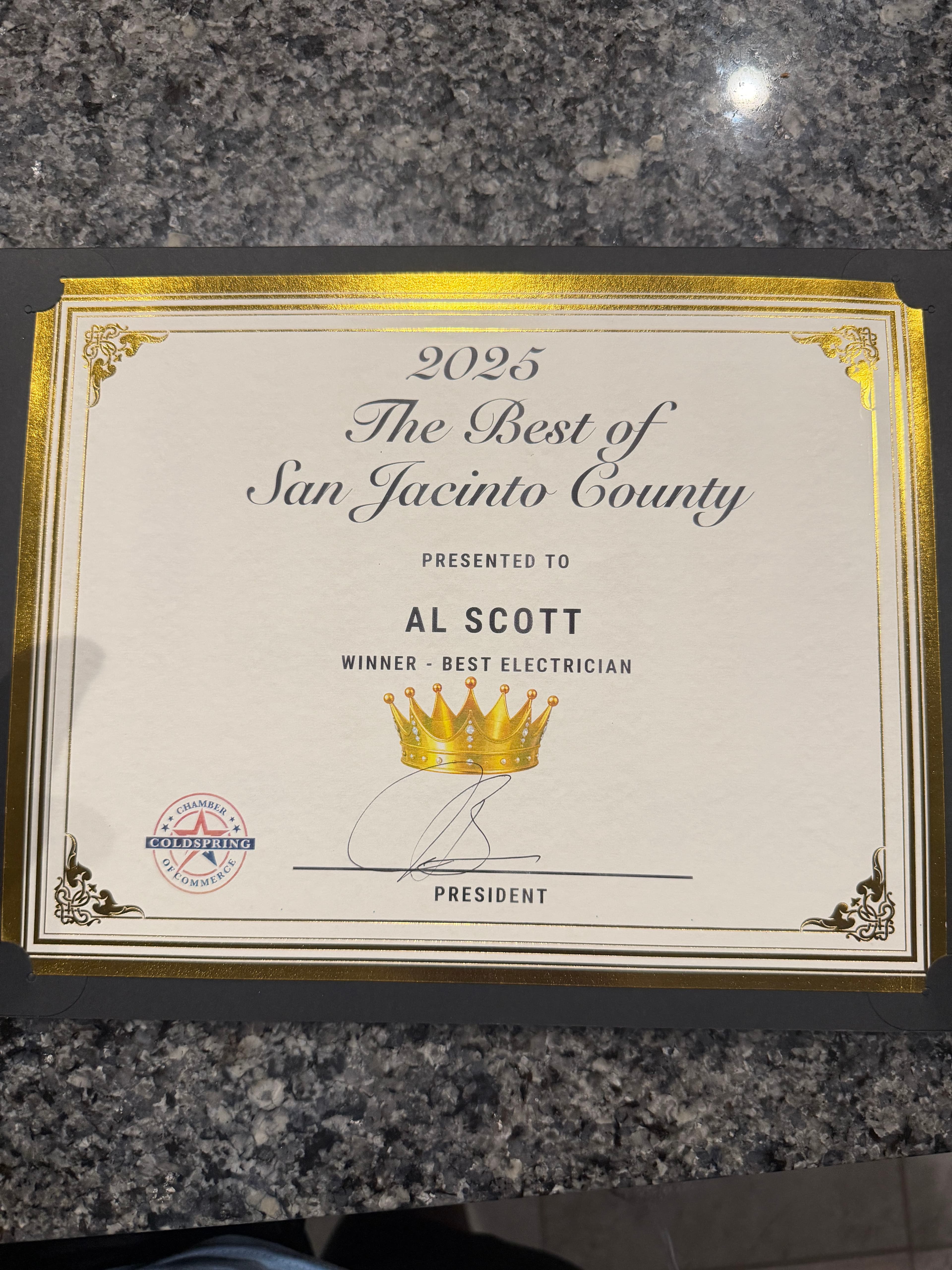 Project Al Scott Named Best Electrician in San Jacinto County 2025 image